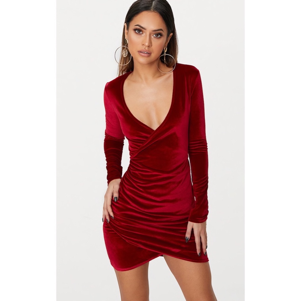 Burgundy Wrap Plunge Ruched Detail Bodycon Dress!